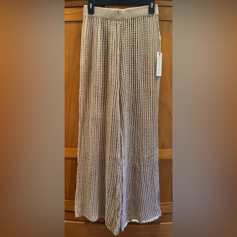 OCEAN DRIVE Palm Beach Hazel Wood Tan Crochet Wide Leg Pants w/ Gold Threading